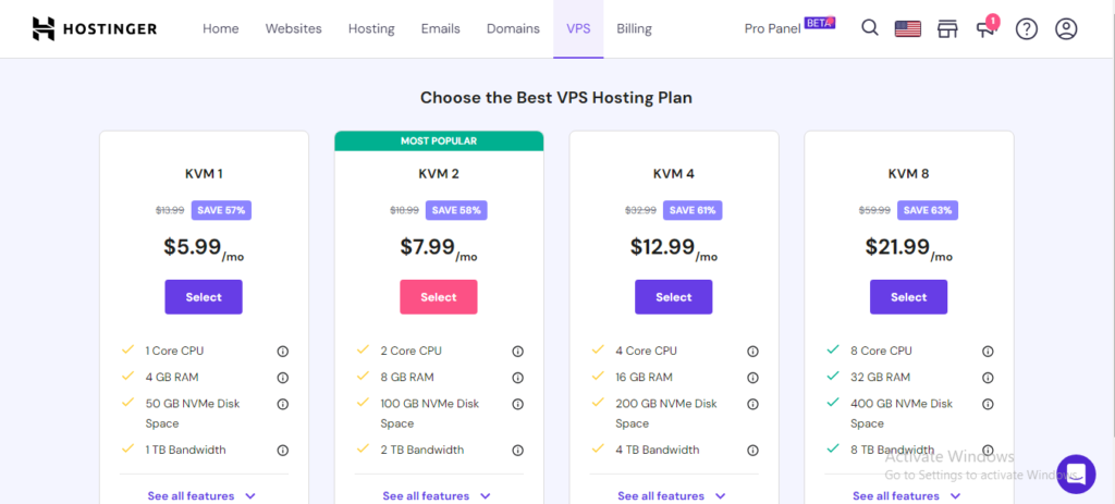 Hostinger VPS Hosting Plan