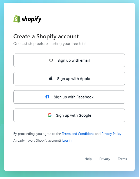 Shopify: Sign Up page