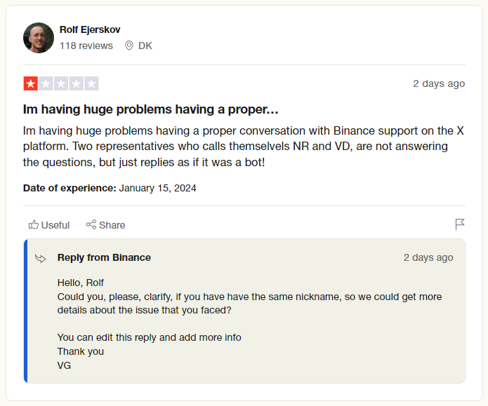 Binance: Negative User Review on trustpilot.com responded to