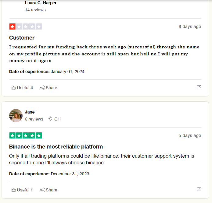 Binance: positive User Review on trustpilot.com